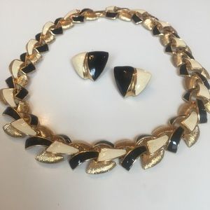 2/$30 Vintage Black White and Gold Tone Enamel Necklace and Clip-on Earrings Set